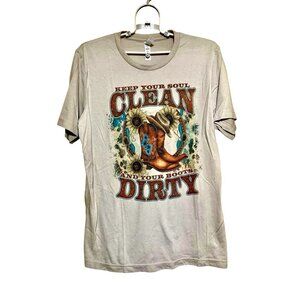 Bella Canvas Tee Women Size Large Beige Western Boots Flower Graphic